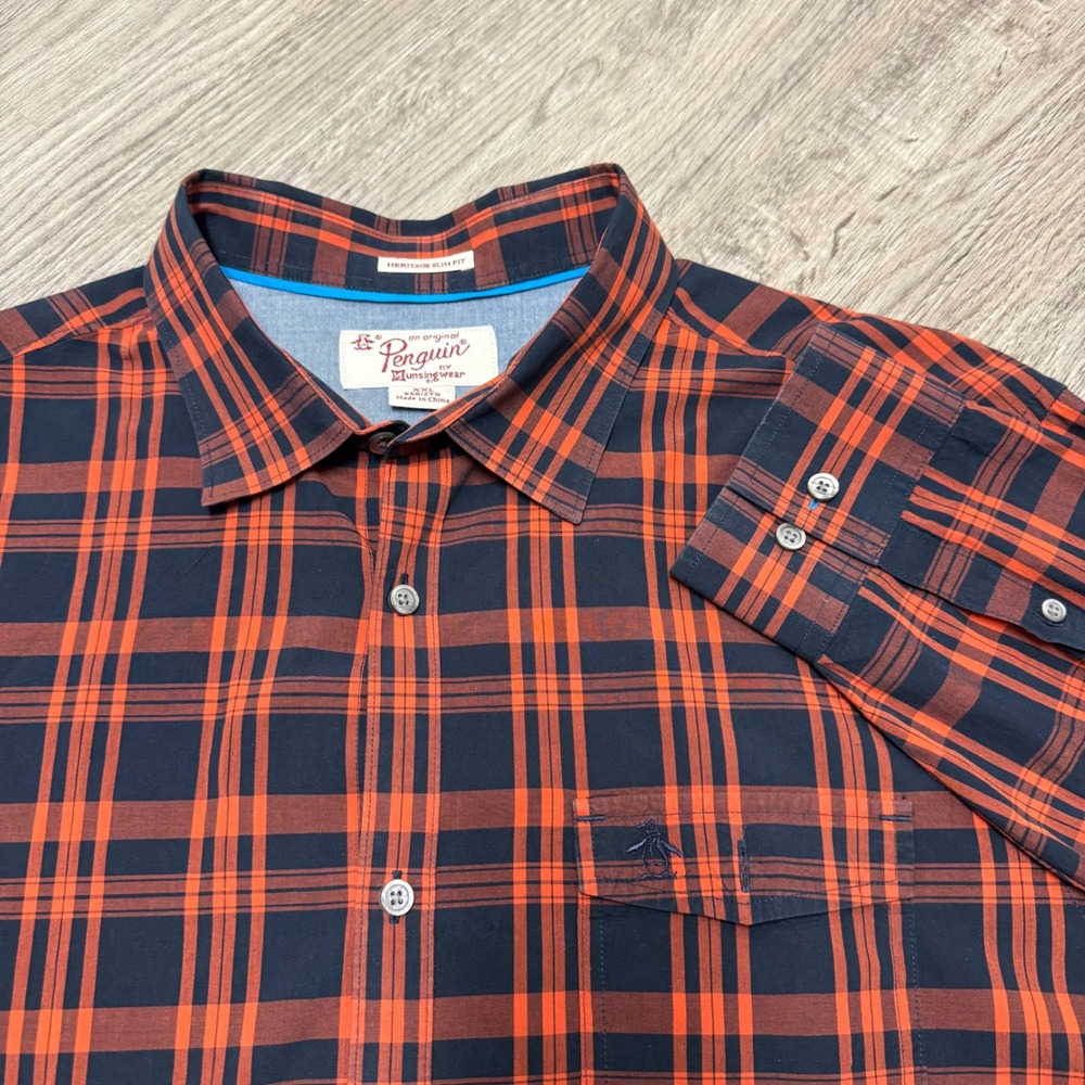 Original Penguin Mens XXL Heritage Slim Fit Plaid Button Down Shirt Orange Navy